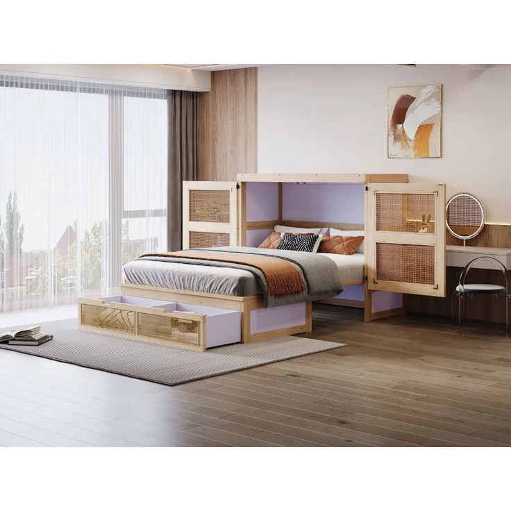 Bett 140x200 cm Schrankklappbett aus Holz in Natur, mit Lattenrost, Schubladen und Rattan-Design, ohne Matratze – Bild 2
