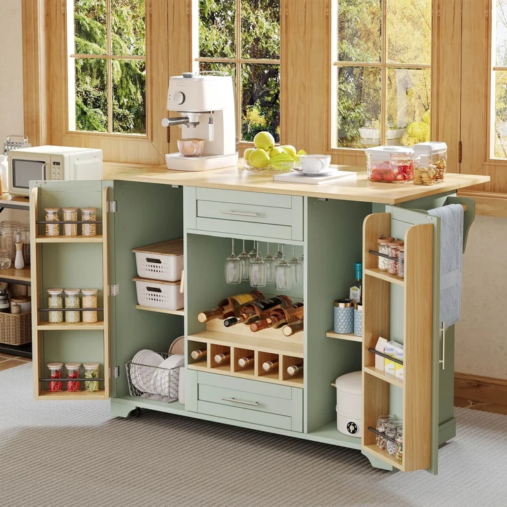 Küchenwagen B 138 x T 45/70 x H 92 cm aus MDF, ausklappbare Arbeitsplatte auf Rollen – Bild 2