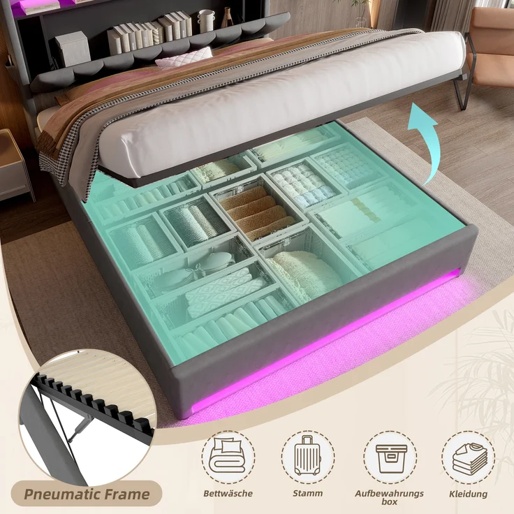 LVHOM Polsterbett 140x200cm mit LED&USB, Doppelbett mit versteckten Stauraum, Stauraumbett mit Lattenrost, Jugendbett mit Bettkasten, Samtstoff, Beige – Bild 6