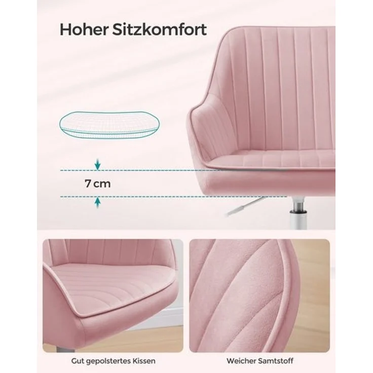 Songmics Bürostuhl höhenverstellbar, Samtbezug pastellrosa, 64 x 62 x (80-90) cm – Bild 2
