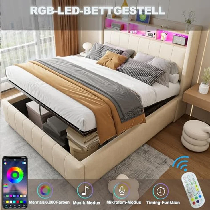 Ball & Cast Polsterbett (180x200 cm) mit USB-Anschluss und Lichtleiste, Hydraulische Lagerfunktion + Weicher Kantenschutz, Einfach & Zeitsparend Montierbar, Leinenstoff Beige – Bild 9