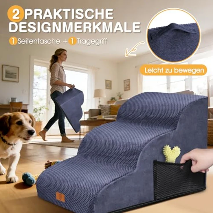 ZNM Hundetreppe – 3-stufige, wasserdichte Haustiertreppe für kleine Hunde, mit waschbarem Bezug und Reißverschluss, rutschfester Schwamm-Rampe, tragbar, auch als Katzentreppe nutzbar – Bild 8