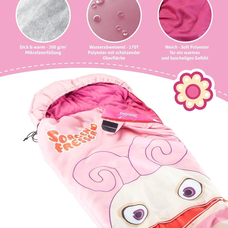 Skandika Kinderschlafsack Sorgenfresser Polli, Großzügige Kapuze mit breitem Rand und Kordelzug, Jungs, Mädchen, Komfortbereich 12 – 3 °C, wasserabweisend, Mund-Tasche – Bild 3