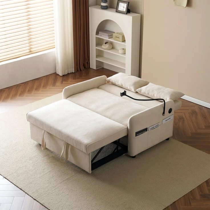 ZUBALIYA Schlafsofa 163x81 cm, mit USB - Anschluss, mit Ausziehbett, mit Chenille - Bezug, mit Samtbezug, mit Schaumstoffpolsterung, Weiß – Bild 5