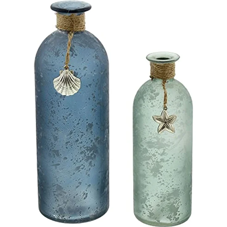 FRANK FLECHTWAREN Deko-Vase Maritim 2er Set, satiniertes Glas in Blau und Grün, Ø 7 x 20 cm und Ø 8 x 26 cm, handverziert mit Sisalschnur, Seestern und Muschel – Bild 2