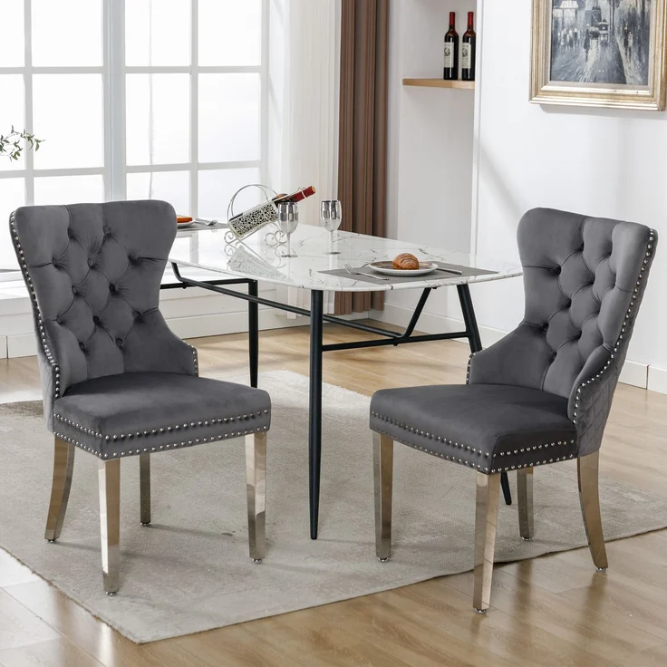 2er Set Esszimmerstuhl Samt gepolstert Massivholz & Metall, modernes Design mit Pin-Kopf Dekoration,Grau – Bild 2