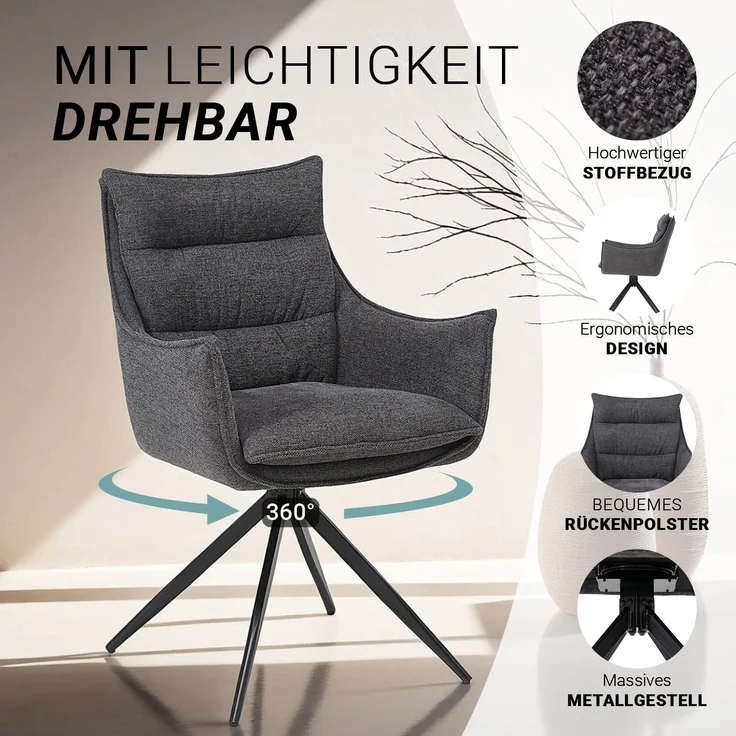 Esszimmerstuhl Drehbar Polsterstuhl mit Armlehne Stoff Anthrazit Drehstuhl Esszimmer Sessel Modern Armlehnenstuhl – Bild 4