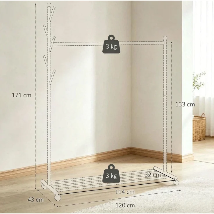 DESVIAE Regal als Garderobenständer Weiß aus Metall – 120x171x43 cm – Rollen, Schuhablage – Bild 9