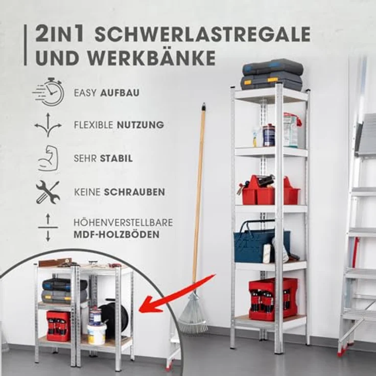 EASYmaxx Schwerlastregal 2er-Set 40 x 40 x 180 cm | 875 kg Traglast, 175 kg pro Ebene | Regal und Werkbank | Kellerregal, Lagerregal mit 5 verstellbaren Ablagen | Für Keller, Garage, Hobbyraum, Werkstatt – Bild 4