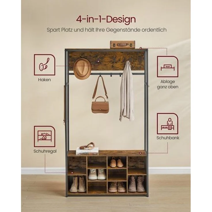 VASAGLE Kleiderständer, mit Schuhregal, Kleiderhaken, verstellbare Ablagen, Holzspanplatte, Stahl, vintagebraun-tintenschwarz, 32 x 100 x 180 cm – Bild 4