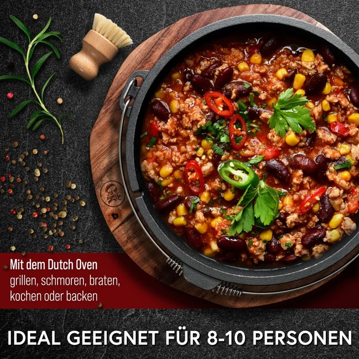 Dutch Oven 12 l mit Füßen – eingebrannt & sofort einsatzbereit, inkl. 2in1 Deckelheber, Reinigungsbürste, Rezeptbuch & Pflegeanleitung – Bild 9