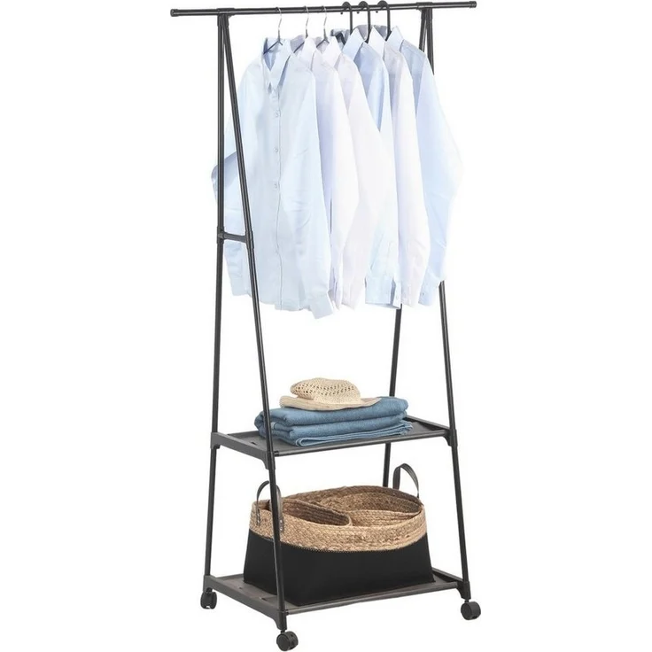 Jürgen Westerholt GmbH Garderobenständer Kleiderständer, Garderobe, Kleideraufbewahrung, Kleiderbutler, mit 2 Ablageregalen - mit 4 Rädern, Rollen - Schwarz – Bild 1