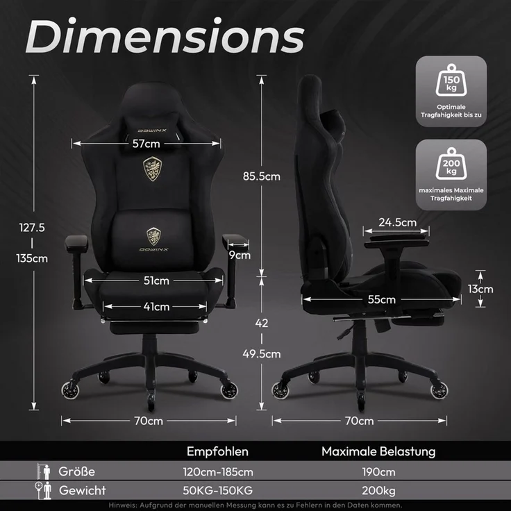 Dowinx Gaming-Stuhl Atmungsaktiver und Ergonomischer Bürostuhl aus Mikrofaser-Velours (Packung), Mikrofaser-Velours, Ausziehbarer Fußstütze, Armlehnen Verstellbar – Bild 1