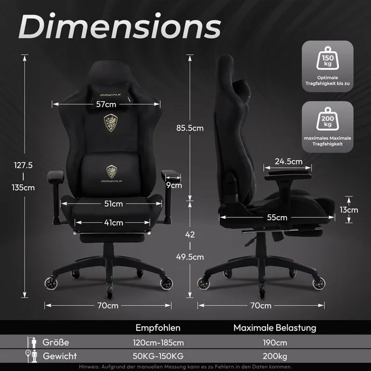 Dowinx Gaming-Stuhl Atmungsaktiver und Ergonomischer Bürostuhl aus Mikrofaser-Velours (Packung), Mikrofaser-Velours, Ausziehbarer Fußstütze, Armlehnen Verstellbar