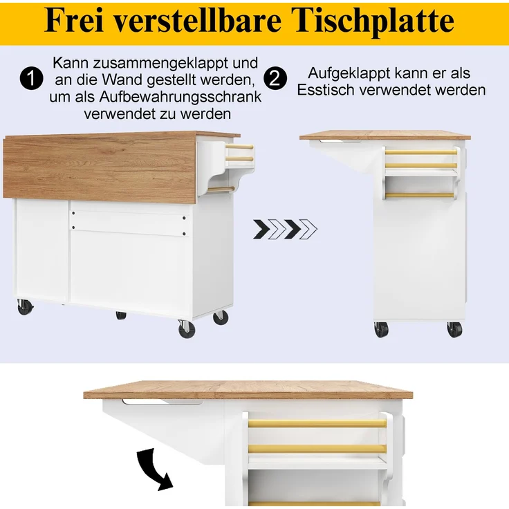 Kücheninsel aus MDF mit klappbarer Tischplatte, 110x45/75x92 cm, Weiß – Bild 8