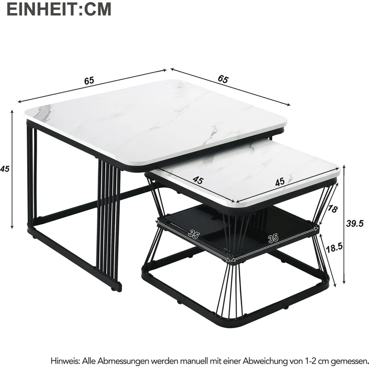 Couchtisch-Set 2-teilig, B 65 x T 65 x H 45 cm & B 45 x T 45 x H 39,5 cm, MDF in Marmoroptik, Stahlgestell – Bild 5