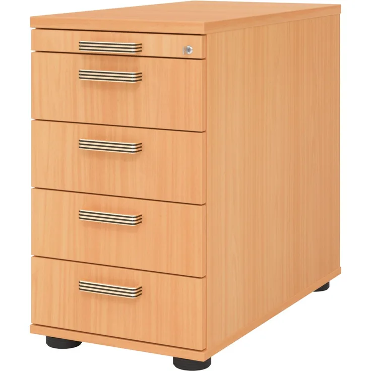 bümö Schreibtisch Schrank abschließbar, Schubladenschrank Holz in Buche, Container mit Schubladen - Schubladen Schrank Büro, Schreibtisch Container od. Schreibtisch Kommode mit Streifengriffe, SC50-6-6-SG
