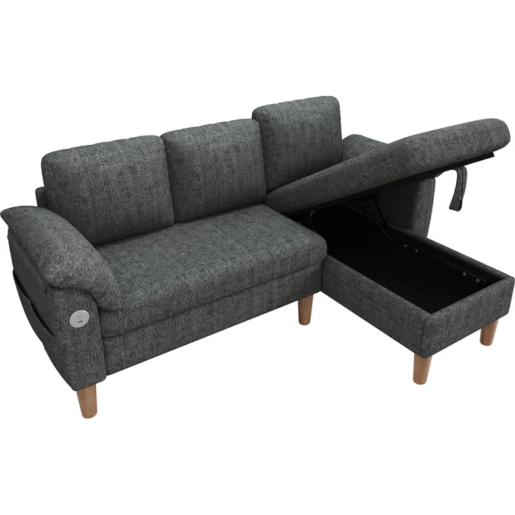 Merax L-förmiges Ecksofa, 3-Sitzer Sofa mit Stauraum-Chaiselongue, links/rechts montierbar, USB/Type-C-Ladeanschluss, Seitentasche, 2 halbfeste Armlehnenkissen, Chenille Stoff, Grau – Bild 10