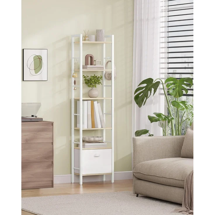 Bücherregal, 6 vertikale Regale mit 1 Zusammenklappbare Stoffschubladenund 4 Haken, offene Regale, Metallrahmen, geeignet für Arbeitszimmer, Wohnzimmer Weißeiche – Bild 7