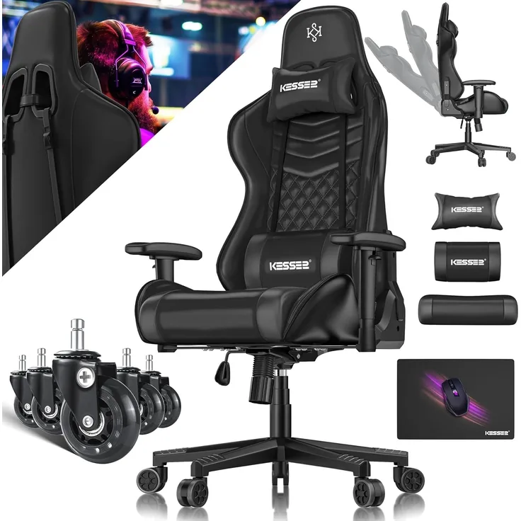 KESSER® Gaming Stuhl Ergonomisch Bürostuhl mit Kopfstütze & Lendenkissen | Racing Gamer Stuhl 150kg belastbar | Armlehne 360° | Drehbarer Schreibtischstuhl Gaming Chair + Gummi-Rollen Schwarz / Schwarz