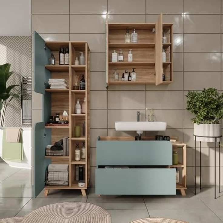 Vichy Badmöbel-Set Karen, 3-teilig, Sonoma/Blau, mit elegantem Waschbeckenunterschrank und geräumigem Spiegelschrank – Bild 7