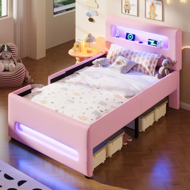 Gepolstertes Plattformbett 90x200 cm mit Treppe, Schubladen, LED-Lichtleisten, USB und Aufbewahrungstaschen, Rosa – Bild 4