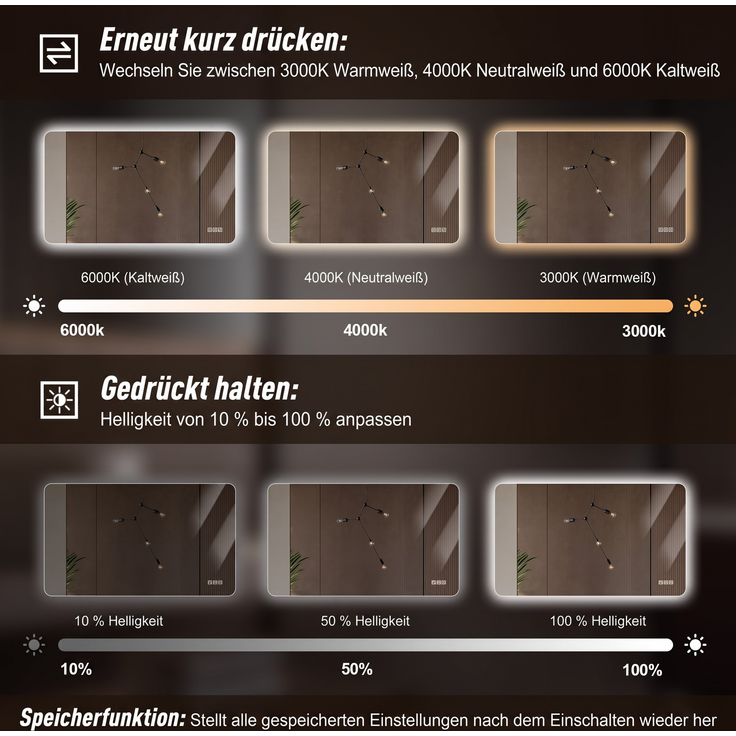 Badspiegel 2.5 x 60 x 80 cm, Silber, mit LED-Hintergrundlicht und Anti-Beschlag-Funktion – Bild 6
