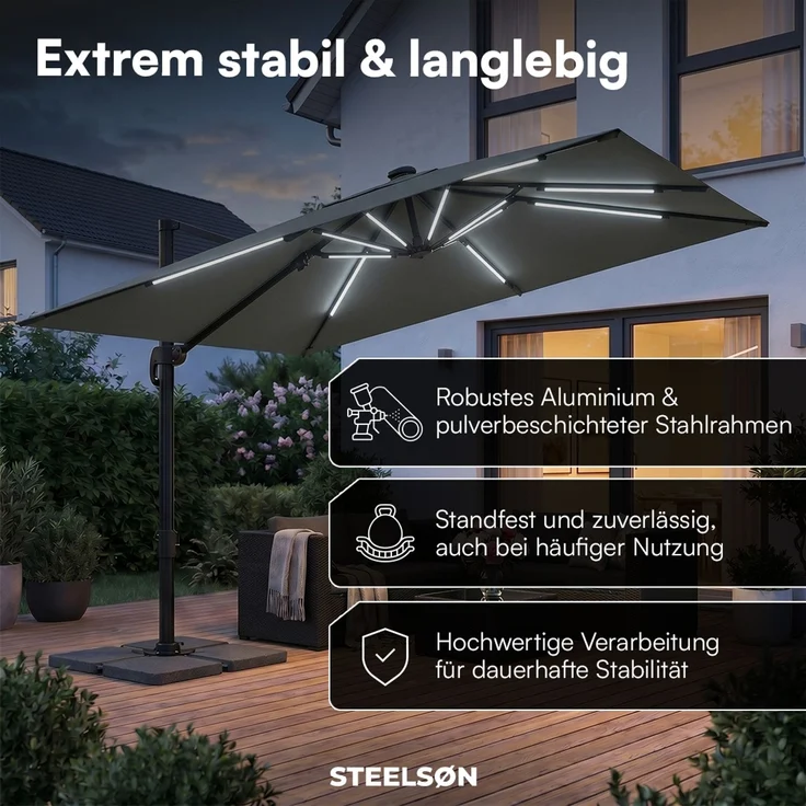 STEELSØN 'Lyrion' Sonnenschirm LED Solar 300x300 cm quadratisch, neigbar und 360-Grad drehbar, anthrazit, Ampelschirm inkl. Abdeckung, UV50+ – Bild 7