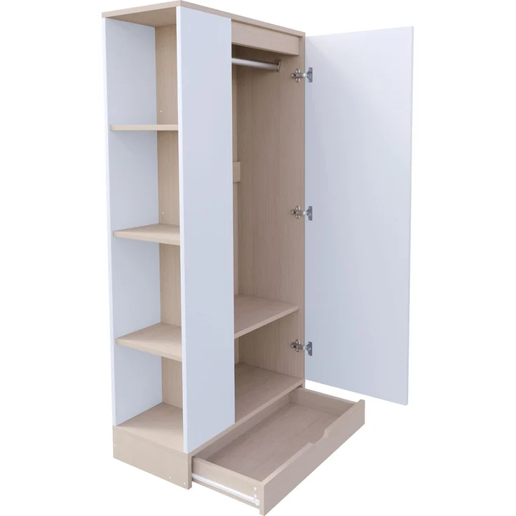 Merax Kleiderschrank 70*40*170cm, Eintürige Ausführung, mit Einlegeböden und Schubladen, Naturholzfarbe + Weiß – Bild 9