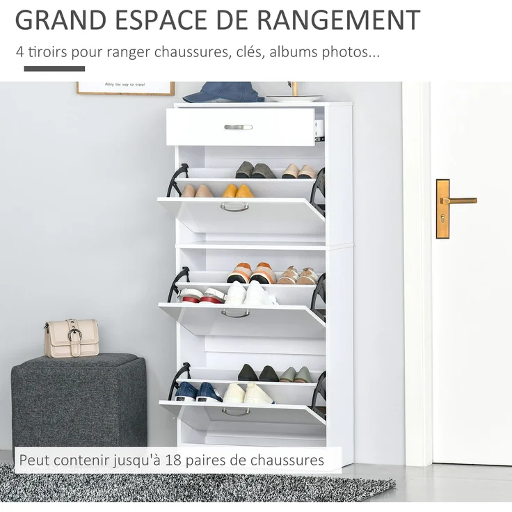 Schuhschrank – 3 Klapptüren und eine ausziehbare Schublade – Maße: 62 B x 24 T x 135 H cm, weiß – Bild 6