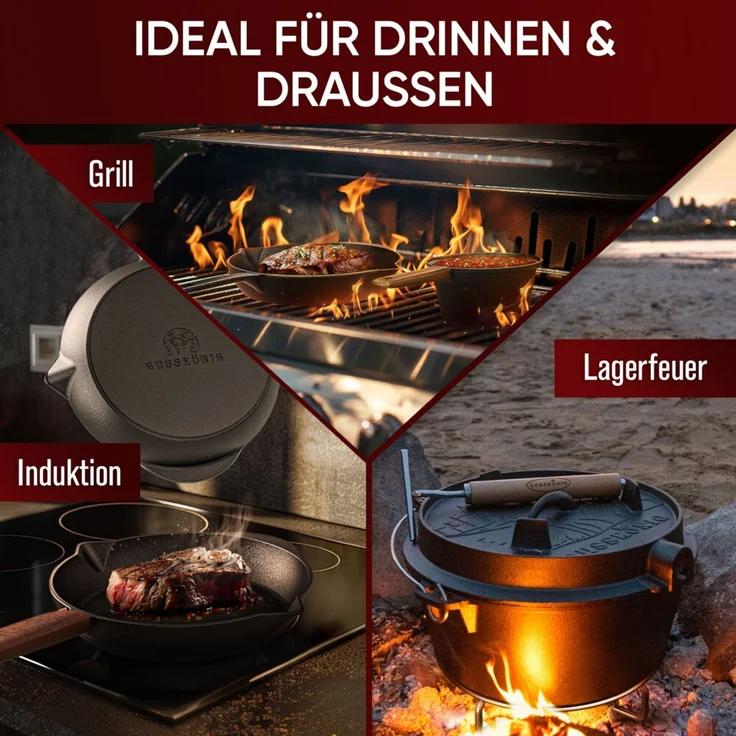 Gusseisen Set 10-teilig in Holzbox – Dutch Oven 4,5 l, Pfanne Ø 26 cm, Grillplatte, Zubehör & Rezeptbuch, ideal für Grill & Outdoor – Bild 7