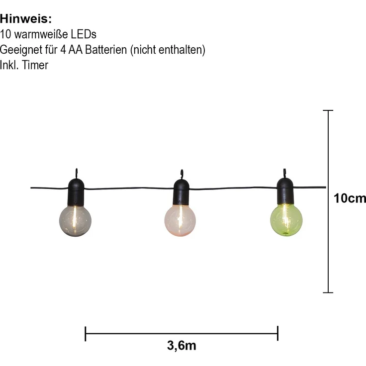 Outdoor-Lichterkette ,Fiesta' mit Batterien und Timer, 10 bunte LED Glühbirnen, L 360cm – Bild 3