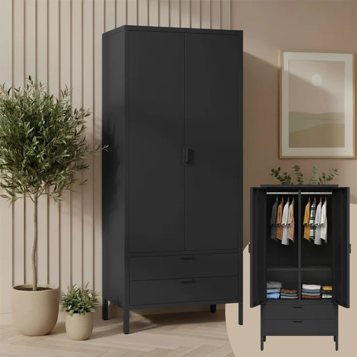 skølm 'Ituri' Kleiderschrank mit 2 Schubladen, Metall, 170x45x80 cm, schwarz, Garderobe mit 4 Fächern und 2 Kleiderstangen – Bild 1