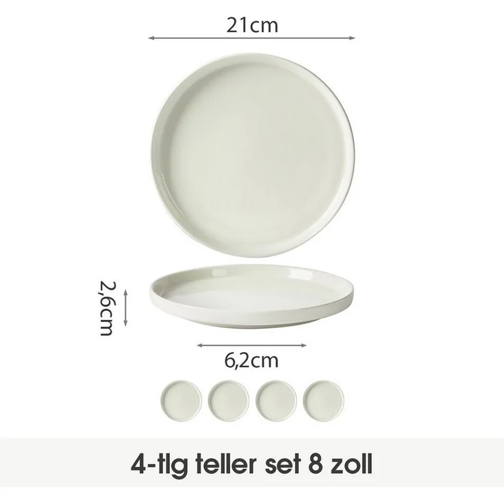 JIWOO Teller 4er Ø20,5cm,Frühstücksteller Steakteller Pastateller Brotteller Plate, (4 St), Keramik Hochwertiges Tellerset Weiß Mikrowellen spülmaschinenfest