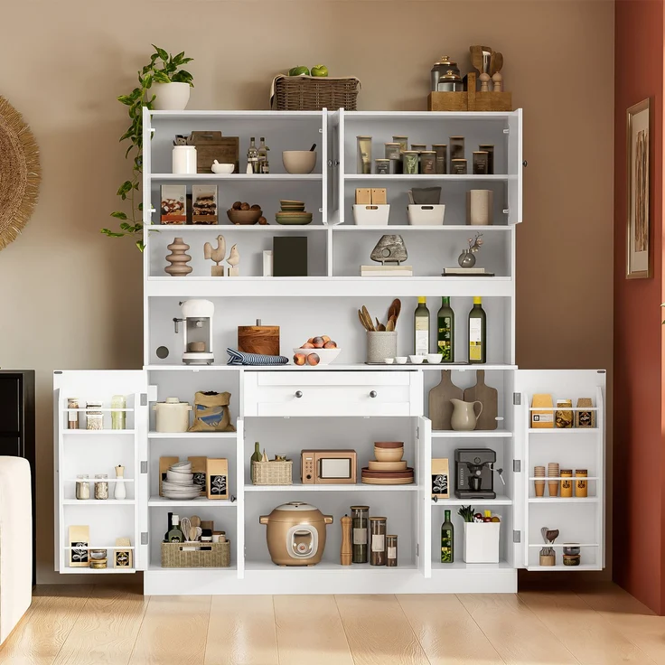 ZUBALIYA Buffetschrank 140x40x185 cm, mit verstellbaren Einlegeböden, aus MDF, Weiß – Bild 15