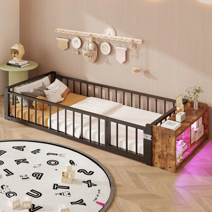 Kinderbett mit LED-Streifen, Regal, Zaun, Lattenrost und Tür, 90x200 cm, Einzelbett mit Rausfallschutz, Metallbett – Bild 1