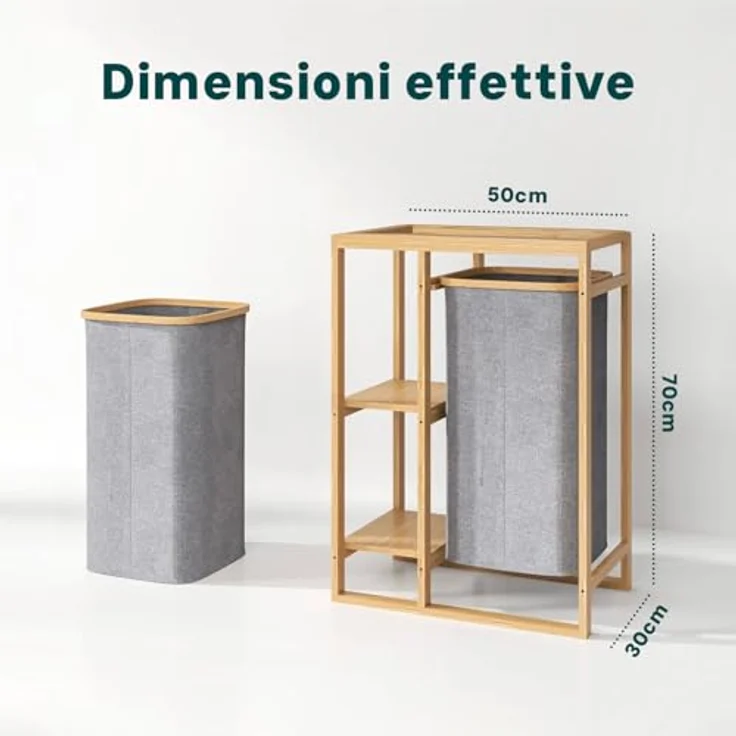 Avilia Badezimmerschrank aus Bambus mit Wäschekorb aus Stoff und 2 Einlegeböden – 50 x 30 x 70 cm – Fassungsvermögen des Korbs 15 kg, Ablagen 6 kg – Korb für schmutzige Tücher, geeignet für Bad und – Bild 4
