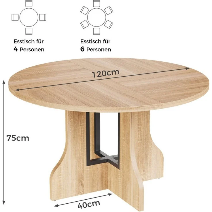 Mondeer Esstisch Rundtisch, 120 cm, Esszimmertisch Küchentisch, 4–6 Personen – Bild 4