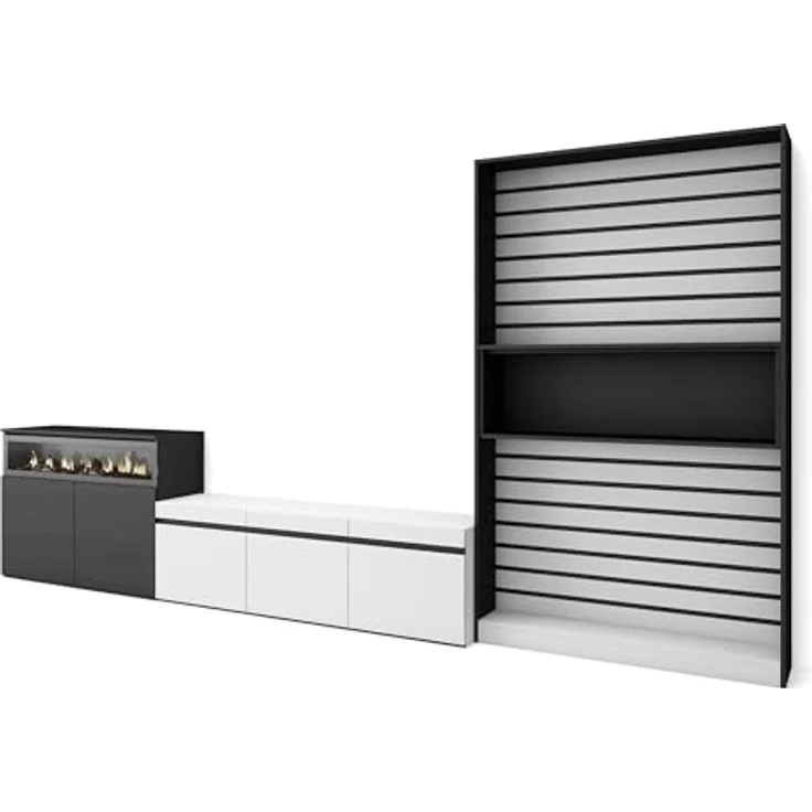 Skraut Home | Wohnwand Wohnzimmer | Wohnzimmermöbel, Möbelset | 360x186x35cm | Für TV-Geräte bis zu 65" | Elektrokamin. | Moderner Stil | Weiß und Schwarz – Bild 1