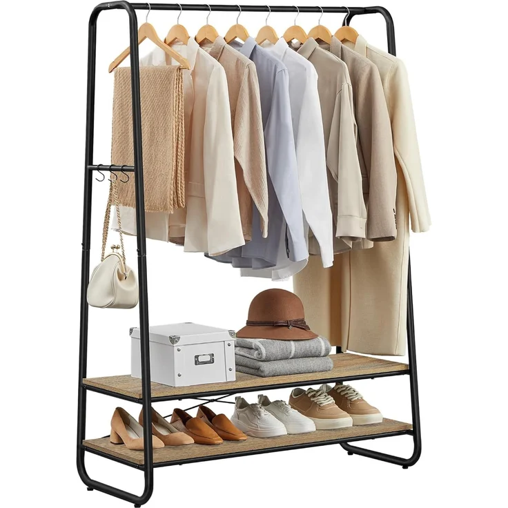VASAGLE Kleiderständer, Garderobenständer, Garderobe, 2 Ablagen, 6 Haken in S-Form, Stahlgestell, für Schlafzimmer, Flur, Eingangsbereich, Türkisbraun-Mattschwarz RGR112K01