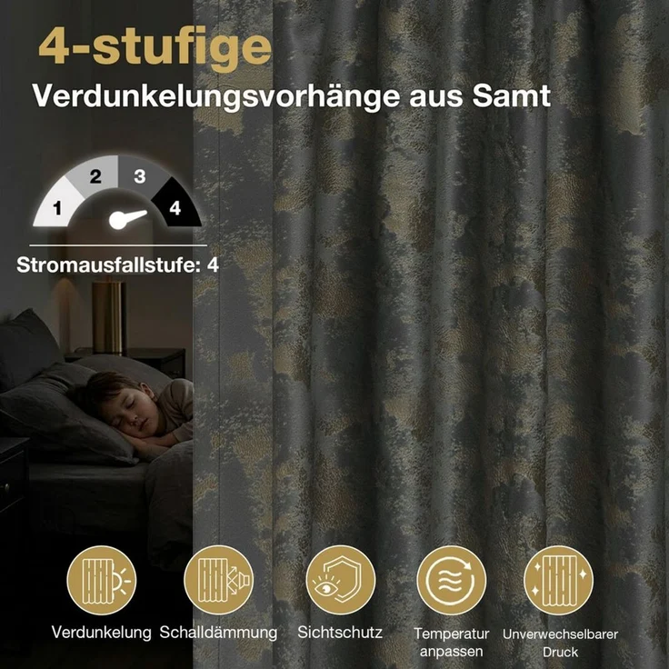 SERBASIC Verdunkelungsvorhang Samt-Verdunkelungsvorhang im 2er-Set, 132 cm breit, mit Goldprint (2 St), Multifunktionsband, blickdicht, Samt, Multifunktionsband mit Bindebändern, schonend waschbar und praktisch – Bild 3