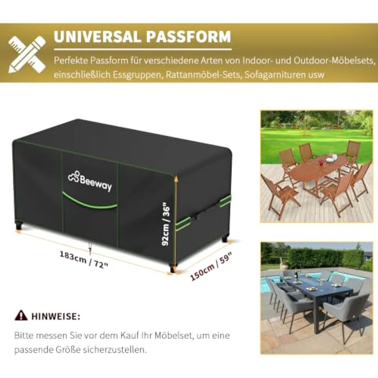 BEEWAY Gartenmöbel Abdeckung V2.0, wasserdicht 183x150x92cm, Schutzhülle aus 420D Oxford-Gewebe, UV-beständig und winterfest, mit winddichtem System und Belüftungsdesign – Bild 2