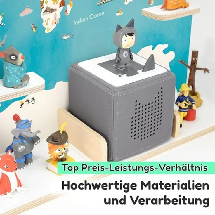stadtecken Holzregal für Musikbox I Geeignet für die Toniebox und ca. 50 Tonies I Perfekte Tonie Aufbewahrung im Kinderzimmer I Zum Aufstellen oder Aufhängen I Globus, groß – Bild 4