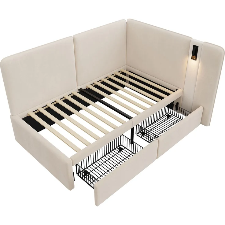 Merax Einzelbett, Kinderbett, Polsterbett, 90x200 cm Daybett, mit 2 Schubladen Aufladen Leselampe, Samt, beige – Bild 9
