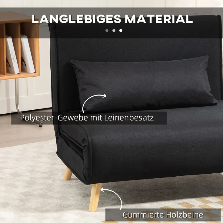 HOMCOM Relaxsessel mit Bettfunktion, verstellbare Rückenlehne, Leinenimitat, Tannenholz, Schwarz, 94 x 78 x 80 cm – Bild 5