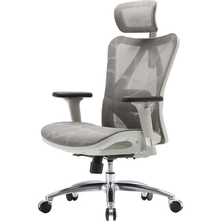 SIHOO Bürostuhl Sihoo, Ergonomischer Drehstuhl mit höhenverstellbarer Kopfstütze, Netz-Bezug, Grau-Weiß, 150 kg belastbar, 66x128x93 cm