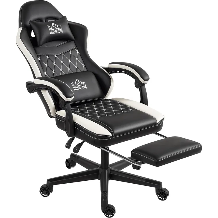HOMCOM Gaming Stuhl Ergonomischer Gamer Stuhl mit Lendenwirbelstütze, Fußstütze, Höhenverstellbar Gaming Sessel mit Kopfkissen, Liegefunktion Bürostuhl mit Diamantgenähtem Muster Kunstleder Grün