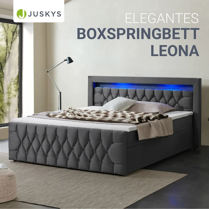 Juskys Boxspringbett Leona 180x200 cm - Bett mit LED Beleuchtung, Topper & H4 Federkern Matratzen - Doppelbett Grau mit Samt und Steppung – Bild 1