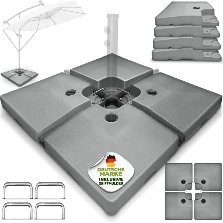 tillvex® Sonnenschirmständer Grau 90 Liter / 120 kg – 4-teilig für Ampelschirm inkl. Metallverbinder | Schirmgewicht befüllbar mit Wasser oder Sand | Schirmständer Ampelschirmständer wetterfest – Bild 6