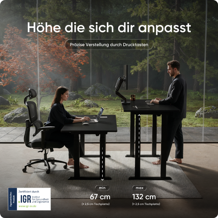 DESKSPACE Höhenverstellbarer Schreibtisch elektrisch mit leisem Dual-Motor – stabiles 4-Bein-Gestell (Schwarz Gestell) – Bild 5